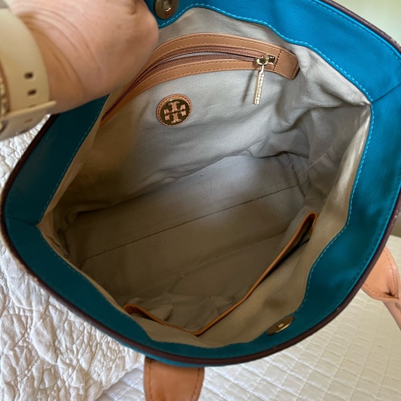 Small Tory Burch tote. Performance fabric, 13” wide x 12” tall. - Picture 2 of 4